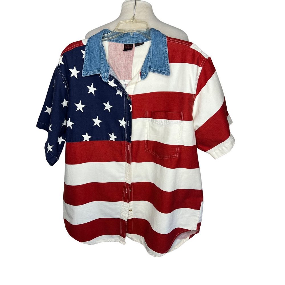 Quizz Woman & Co Denim blouse 22 Flag design collar short sleeve button front FL